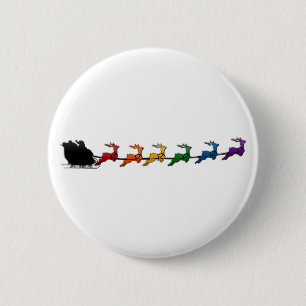 Badge Rond 5 Cm Père Noël Sleigh avec Rainbow Reindeder