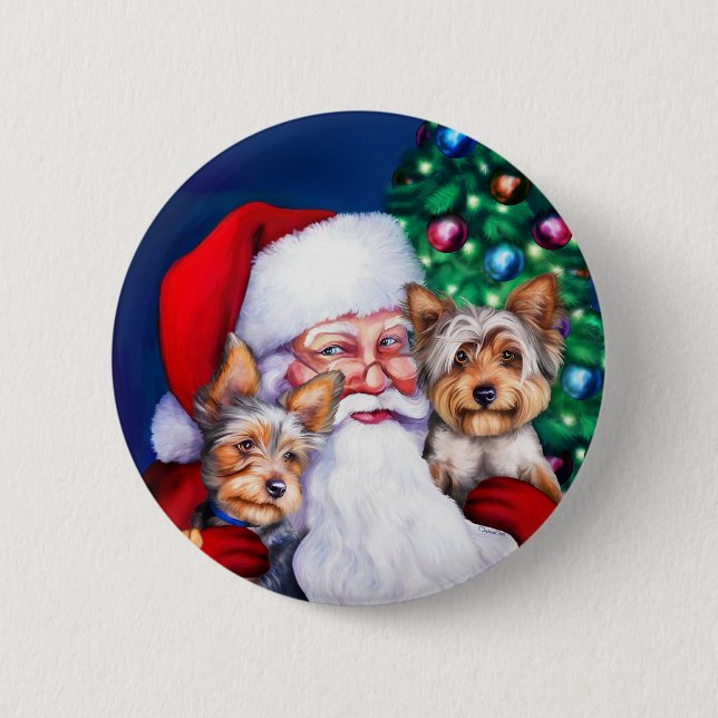 Badge Rond 5 Cm Père Noël Yorkies à Noël (Devant)