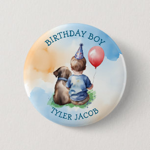 Badge Rond 5 Cm Personnalisé Birthday Boy   Chiot et bébé