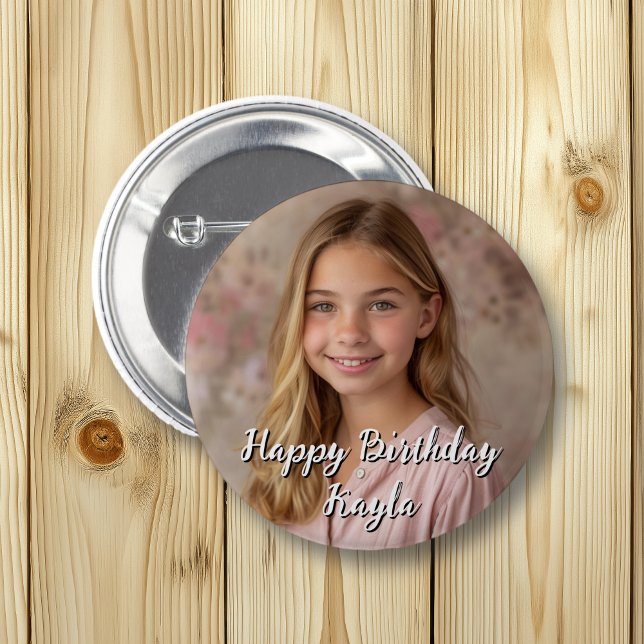 Badge Rond 5 Cm Personnalisé Joyeux Anniversaire Nom et photo (Créateur téléchargé)