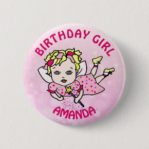 Badge Rond 5 Cm Personnalisée Jolie Fée Rose Anniversaire Fille