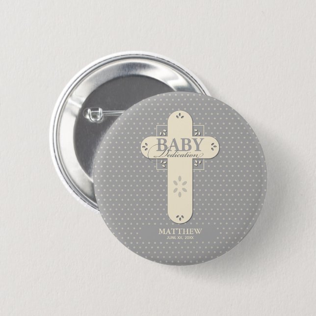 Badge Rond 5 Cm Personnaliser, Dédication bébé Crème et Croix gris (Devant & derrière)