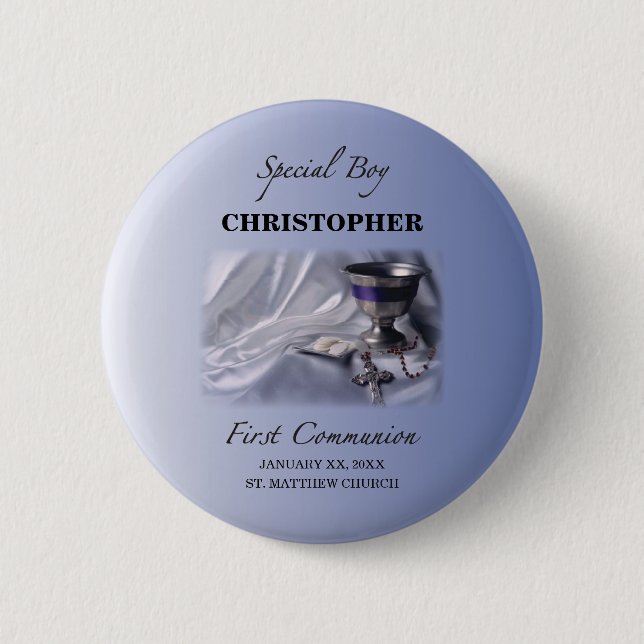 Badge Rond 5 Cm Personnaliser, Garçon, Première communion bleue (Devant)