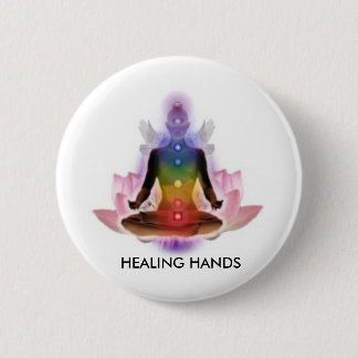 BADGE ROND 5 CM PERSONNE DE CHAKRA LOTUS, MAINS CURATIVES