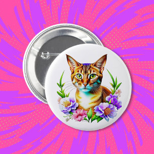 Badge Rond 5 Cm Pétales et Purr Cute Chat et jolies Fleurs