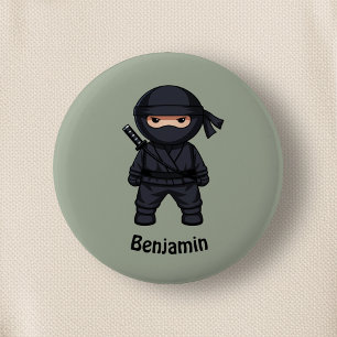 Badge Rond 5 Cm Petit guerrier ninja sur fond vert sauge