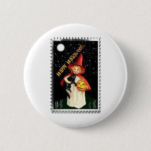 Badge Rond 5 Cm Petite Fille Nostalgique, Citrouille et Chat