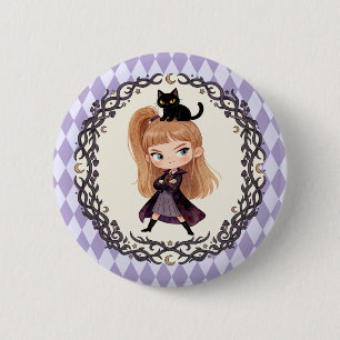 Badge Rond 5 Cm Petite Sorcière Mignonne et Chat Noir Aquarelle