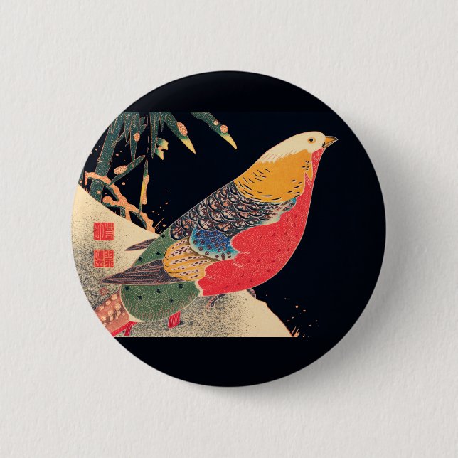 Badge Rond 5 Cm Phéasant d'or dans la neige par Ito Jakuchu (Devant)