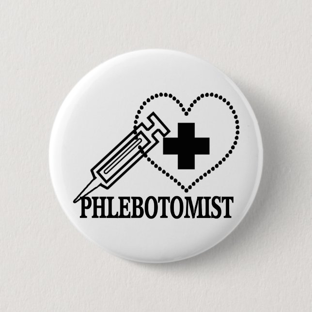 BADGE ROND 5 CM PHLEBOTOMIST - COEUR DE SERINGUE MÉDICALE (Devant)