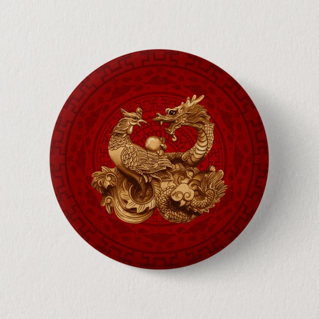 Badge Rond 5 Cm Phoenix et Dragon en rouge (Devant)