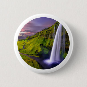 Badge Rond 5 Cm Photo de cascade islandaise verdoyante