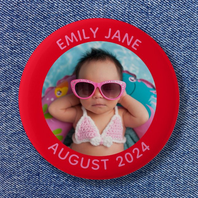 Badge Rond 5 Cm Photo de famille ronde personnalisée rouge et rose (Red and Pink Personalized Round Family Photo Button)
