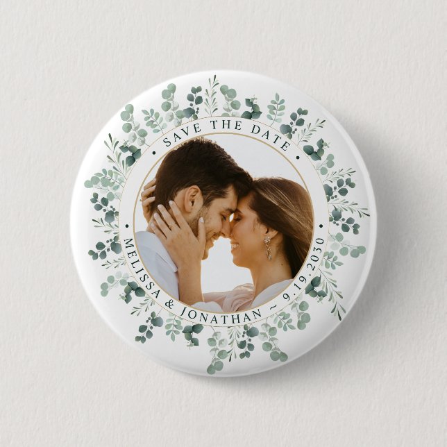 Badge Rond 5 Cm Photo Personnalisée Mariage Eucalyptus Enregistrer (Devant)