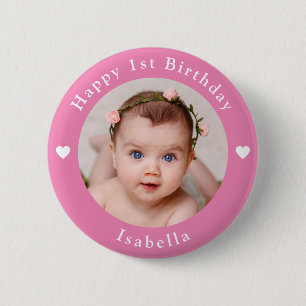 Badge Rond 5 Cm Photo Personnalisée, Nom Et Âge Anniversaire Rose
