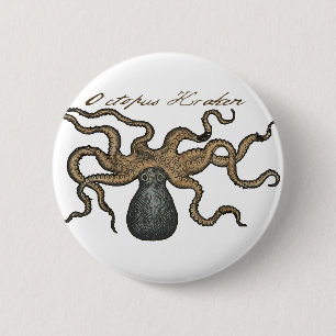 Badge Rond 5 Cm Pieuvre Kraken Antique Faune Marine Côtière