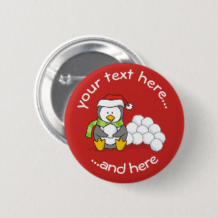 Badge Rond 5 Cm Pingouin de Noël assis avec des boules de neige
