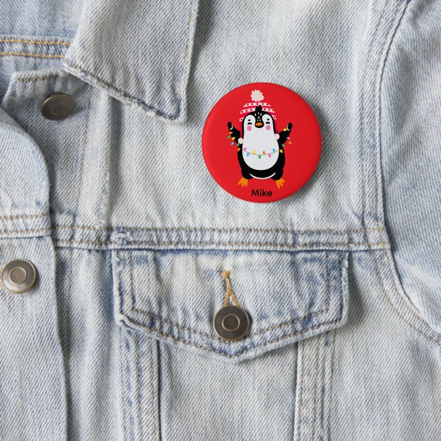 Badge Rond 5 Cm Pingouin scintillant avec lumières de Noël (En situation)