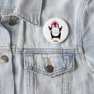 Badge Rond 5 Cm Pingouin scintillant avec lumières de Noël