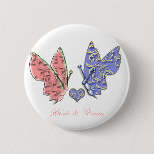 Badge Rond 5 Cm Pink & Blue Bride & Groom Butterflies si mignonne
