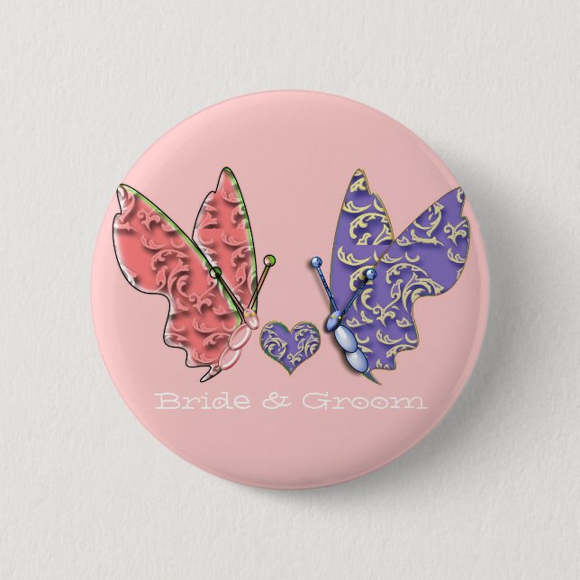Badge Rond 5 Cm Pink & Blue Bride & Groom Butterflies si mignonne (Devant)