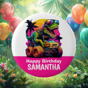 Badge Rond 5 Cm PINK Dino-Mite MONSTER TRUCK Anniversaire