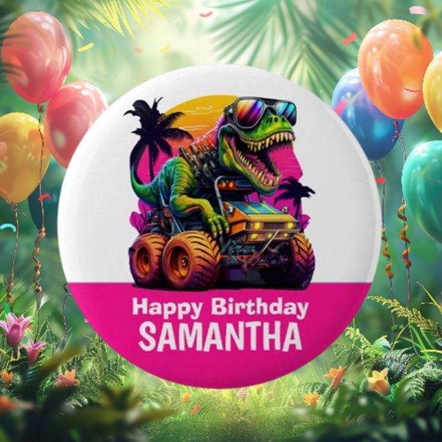 Badge Rond 5 Cm PINK Dino-Mite MONSTER TRUCK Anniversaire (Celebrate in style with our PINK Dino-Mite MONSTER TRUCK Birthday Party Button!)