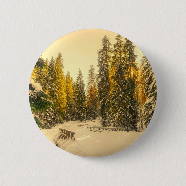 Badge Rond 5 Cm Pins couverts de neige Forêt Nature Photo (Devant)