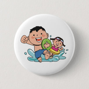 Badge Rond 5 Cm Plage Amusant, garçon et fille nageant à la plage,