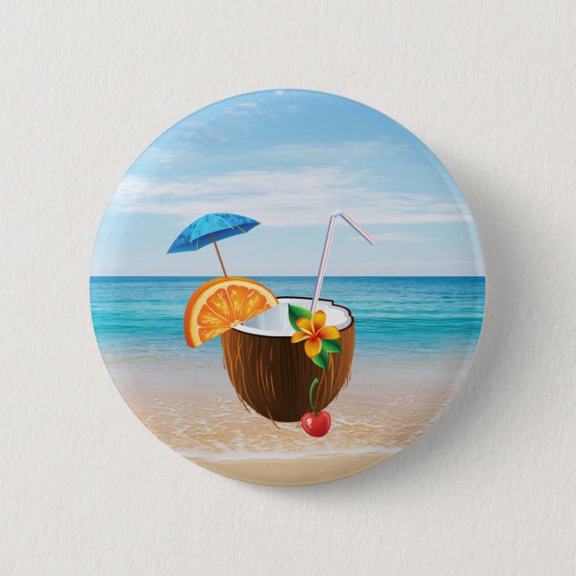 Badge Rond 5 Cm Plage tropicale, Ciel Bleu, Sable Océan, Cocktail  (Devant)