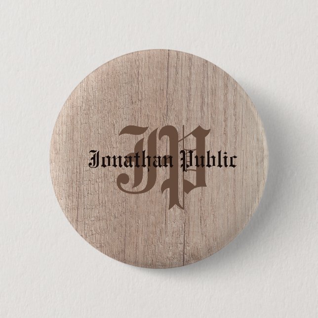 Badge Rond 5 Cm Planche Bois Look Monogramme Modèle Vieux Script (Devant)