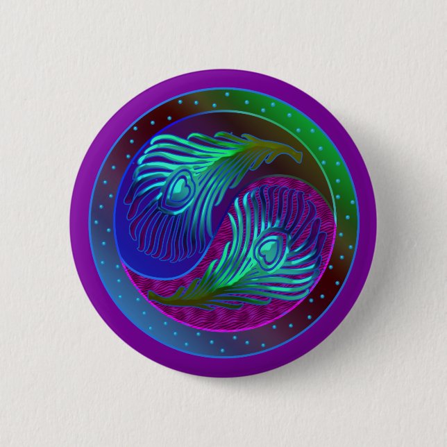 Badge Rond 5 Cm Plumes de paon Yin Yang 5 (Devant)
