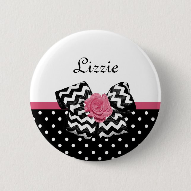 Badge Rond 5 Cm Points noirs mignons Rose rose Chevron Bow et nom (Devant)