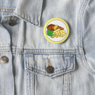 Badge Rond 5 Cm Poisson et chips Pois British Pub Chip Shop Takeaw