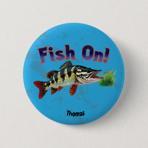 Badge Rond 5 Cm "Poisson !" Trophée Pike dans l'habitat naturel
