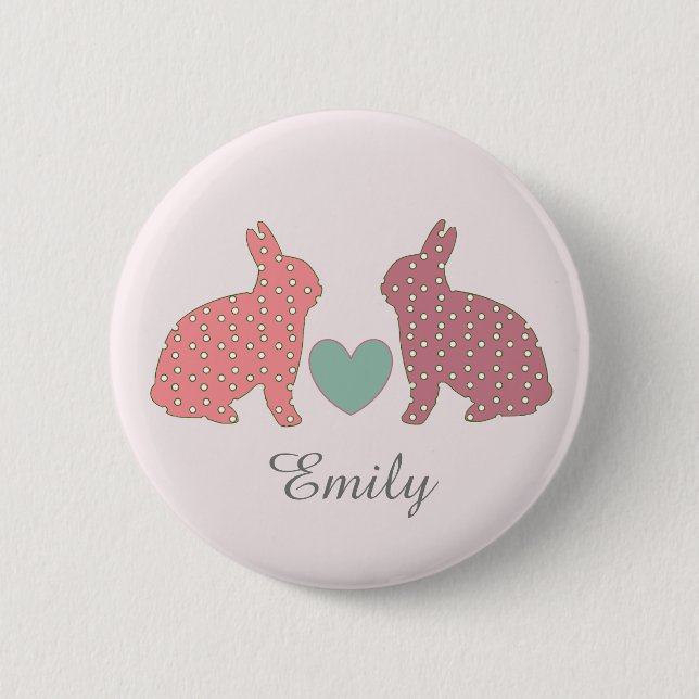 Badge Rond 5 Cm Polka Dot Bunnies Rose Personnalisé (Devant)