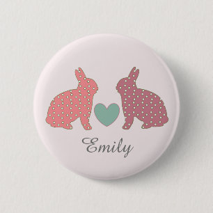 Badge Rond 5 Cm Polka Dot Bunnies Rose Personnalisé