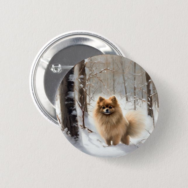Badge Rond 5 Cm Poméranienne Laisser Neige Noël (Devant & derrière)