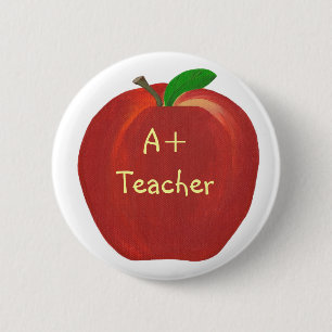 Badge Rond 5 Cm Pomme rouge, A+ Pince enseignant sur les boutons