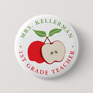 Badge Rond 5 Cm Pomme rouge avec le nom de l'enseignant et le grad