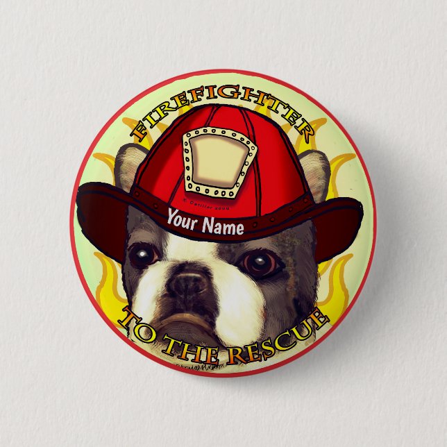Badge Rond 5 Cm Pompier Boston Terrier (Devant)