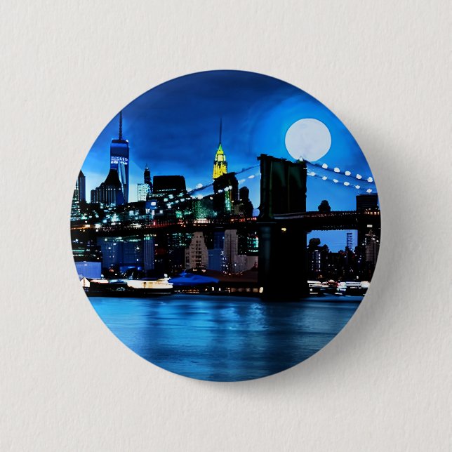 Badge Rond 5 Cm Pont Brooklyn sous une Pleine lune (Devant)
