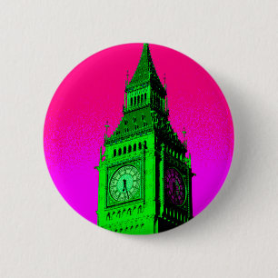 Badge Rond 5 Cm Pop Art Big Ben Londres Voyage rose Vert