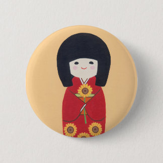 Badge Rond 5 Cm Poupée de Kokeshi avec le tournesol