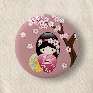 Badge Rond 5 Cm Poupée Kokeshi Printemps - Cute Geisha Japonais en