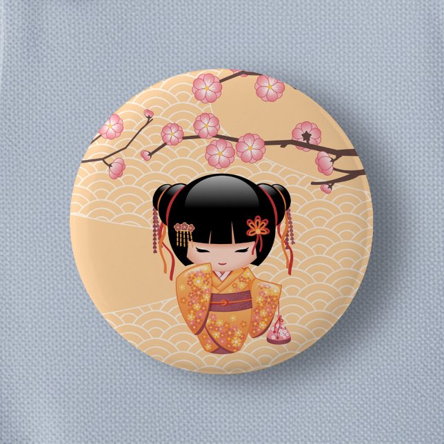 Badge Rond 5 Cm Poupée Ume Kokeshi - Japonaise Pêche Geisha Girl (Créateur téléchargé)