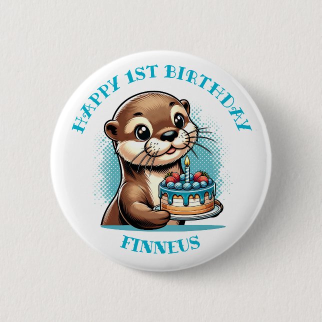 Badge Rond 5 Cm Premier anniversaire du garçon à thème Otter Perso (Devant)
