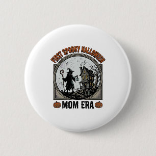 Badge Rond 5 Cm Première Maman Halloween Gravure Vintage Sorcière