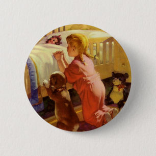 Badge Rond 5 Cm Prières au coucher, Fille avec chiot, Religion Vin