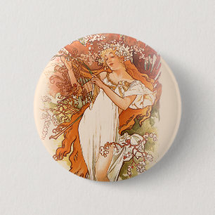 Badge Rond 5 Cm Printemps - Alphonse Mucha Art Nouveau